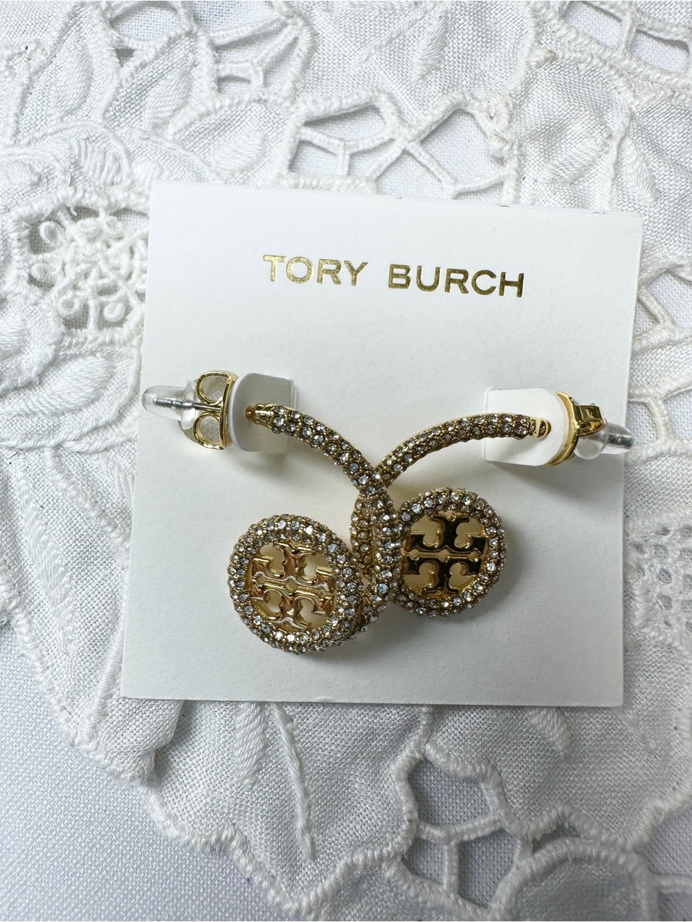 Tory Burch Gold Logo Crystal Drop Earrings